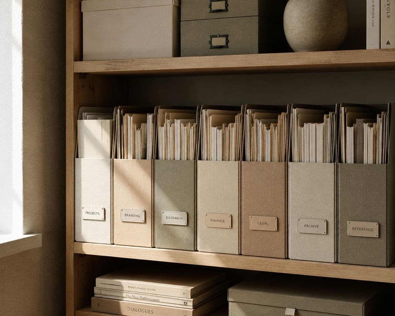 Organized linen binders labeled Projects, Branding, Research, Finance on a wood shelf — the anatomy of a governed knowledge base