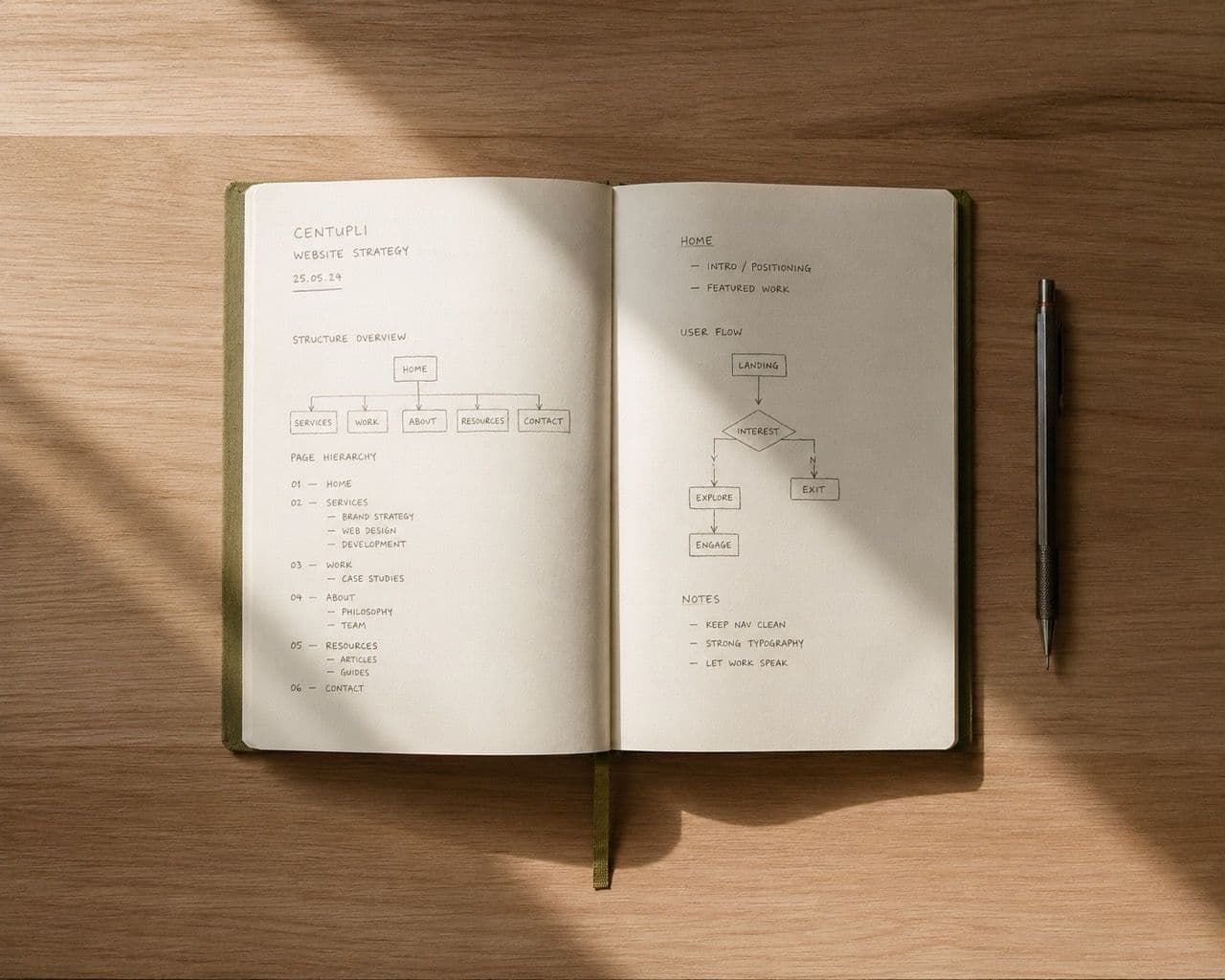Centupli website strategy sketch in a Moleskine notebook on a warm wood desk